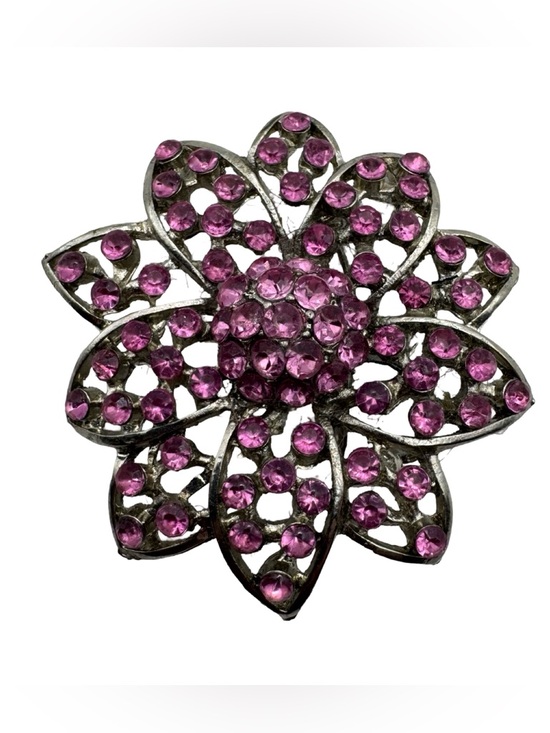 Jewelry - Vintage Pink Rhinestone Flower Brooch Silver Tone Floral Pin 1.75”